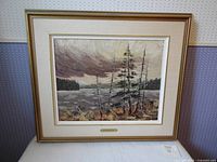 Front view of framed oil painting with lake scene