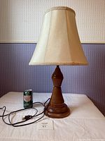 Full view of lamp with shade, soda can for scale