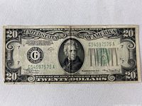 Front view of the 1934A $20 Federal Reserve Note displaying Andrew Jackson's portrait and serial number.