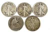 Five silver half dollar coins: four Walking Liberty half dollars and one Seated Liberty half dollar arranged in a group showing obverse and reverse sides.