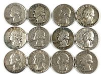 Obverse side of twelve pre-1965 Washington quarters showing dates from 1941, 1953, 1956, 1958, 1964, and others.