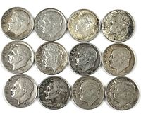 Obverse sides of 12 Roosevelt silver dimes arranged in rows of four, showing profile of Franklin Roosevelt and mint years.