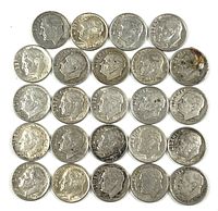 Top view of 24 Roosevelt dimes showing obverse side with Franklin D. Roosevelt's profile. Coins have varying degrees of wear and patina.