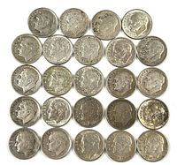 Obverse sides of the 24 Roosevelt dimes showing Roosevelt's profile, dates, and LIBERTY inscription