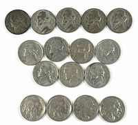 Full lot of 16 U.S. nickels laid out in rows showing all coins.