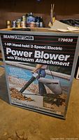 Front view of original box showing Sears Craftsman branding, model 179638, detailing 1-HP hand-held 2-speed electric power blower with vacuum attachment and image of the product in use.