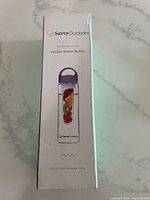 Box of SavvyOutdoors 24oz infuser water bottle showing brand, model, and product image on front.