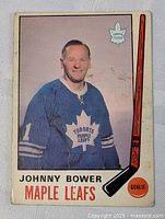 Front of Johnny Bower Toronto Maple Leafs hockey card showing player portrait and graphic design.