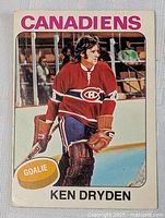 Front of the 1975-76 Ken Dryden hockey card showing player image and team name.