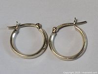 Pair of sterling silver hoop earrings laid flat, showing front view and latch closure.