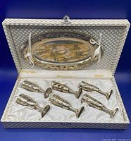 Full set in presentation case showing six glasses and tray