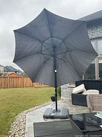 Umbrella open, angled view showing full canopy and base on patio