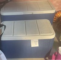 Two hard coolers with blue bases and white lids, one larger and one medium size.