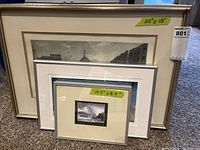 Three framed artworks stacked with size labels visible, showing largest at 25 x 18 inches and smallest at 10.5 x 8.5 inches