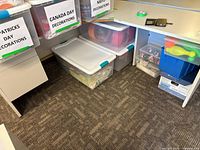 Corner office desk showing work surface and under-desk storage areas
