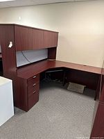 Overall view L-shaped desk with hutch and pedestal
