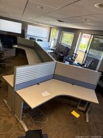 Wide view of interconnected cubicle desks with panels