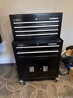 Full view of Husky rolling tool chest cabinet with drawers and lower cabinet