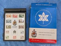 Closed view showing presentation case with mounted stamps beside outer Centennial Commemorative Stamp Box