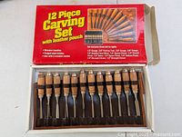 Open box displaying 12 chisels in tray
