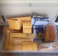 Plastic bin with various sizes of new empty kraft paper bubble envelopes and white bubble mailers inside.