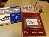 Photo showing Avalon Hill Gettysburg board game box and three vintage Civil War books on a beige surface