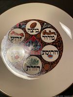 Photo of a ceramic Seder plate with Hebrew inscriptions and illustrations of traditional symbols, predominantly white with multi-color detailed rim.
