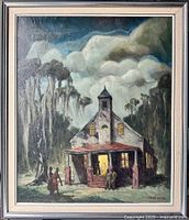 Full view of framed oil painting showing church, figures, trees, and clouds