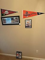 Full view of the five items hung on wall including pennants, panoramic poster, and framed prints