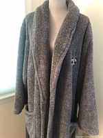 Full view of grey Saints bathrobe on mannequin