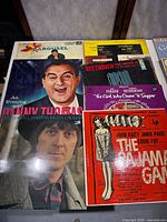Top view of vinyl records including Danny Thomas, Beethoven, and musical soundtracks such as The Pajama Game and The Girl Who Came To Supper.