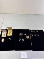 Overview of all jewelry pieces including pins, rings, and necklaces arranged on black fabric to show entire lot.