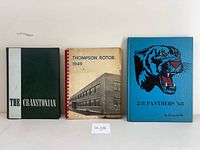 Three vintage yearbooks side by side: Cranstonian 1963, Thompson Rotor 1949, and 2/8 Panthers 1968