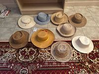 Full view of all 9 hats showing variety of woven straw and fabric materials and styles.