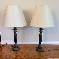 Full view of both matching lamps on floor showing shades and bases.