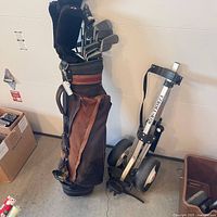 Full view of golf bag with clubs and separate push cart