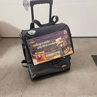 Front view of rolling cooler with packaging card visible