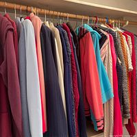 Closet rod showing full assortment of women’s clothing items in various colors and types