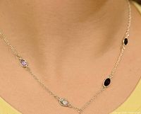 Necklace worn on neck showing color and placement of multi-gemstones along the chain.