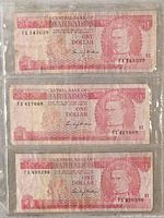 Three $1 bills from Central Bank of Barbados shown in protective sleeves, front view displaying serial numbers and portrait.