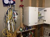 Extension cords and power bars hanging on a wall hook, with a cupboard containing various bottles of lubricants, glue, and cleaners. Red hummingbird feeder visible near the cabinet.