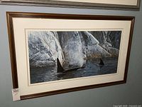 Full view of framed orca print with rocky cliffs and water.