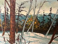 Close-up detail of tree trunks and snow in the painting showing brush strokes and signature visibility