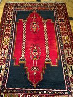 Full view of the rectangular rug showing central red medallion with navy blue field and intricate patterned borders in earth tones.