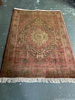 Full view of the Iranian handmade wool rug showing the entire surface, central medallion, border and fringes.