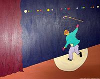 Full view of oil painting showing dancer, spotlight, stage curtain