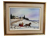 Full view of framed winter landscape painting