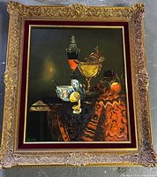 Frontal view of framed oil painting showing entire composition and frame