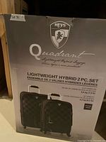 Retail box showing Heys Quadrant Lightweight Hybrid branding and image of luggage