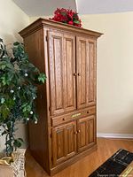 Front view of closed oak armoire showing panel doors and overall condition